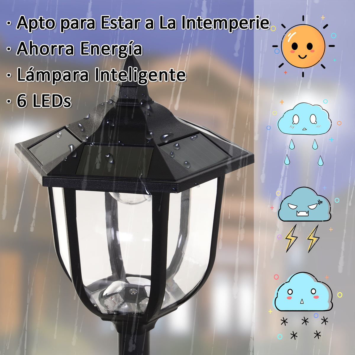 Candeeiro Solar com Painel Solar Candeeiro de Jardim com 6 LEDS Autonomia 6-8 horas Ø26x177 cm Preto — foto 6