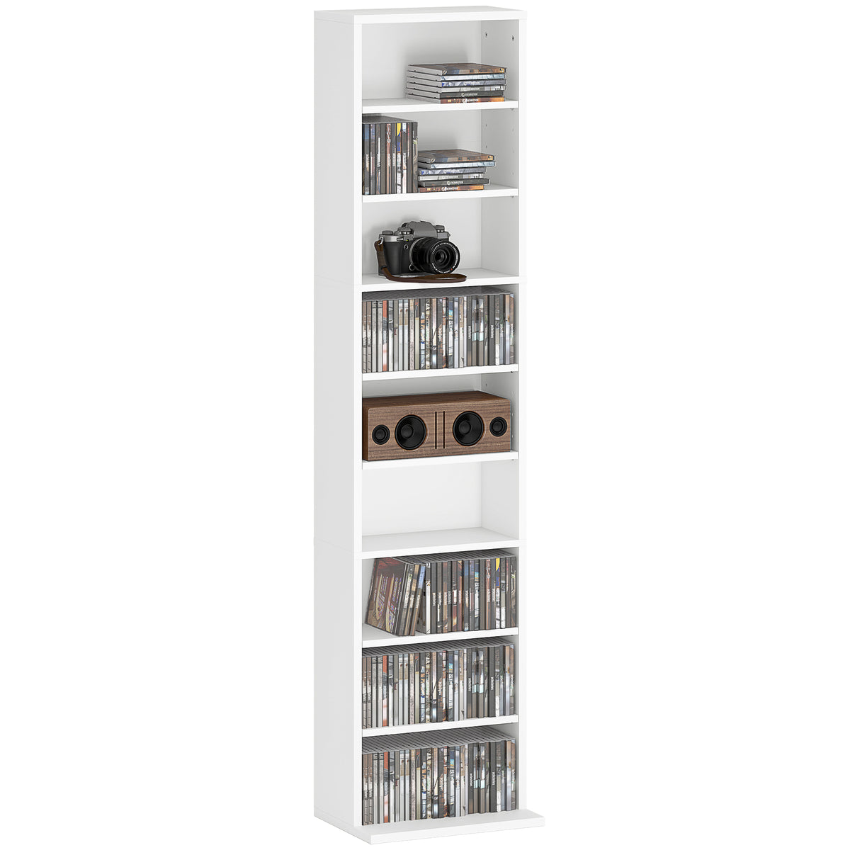 Estante para CDs e DVDs Suportes para CD Estreitos com 9 Compartimentos Prateleiras Ajustáveis para Sala Escritório 33x24x140 cm Branco — foto 1