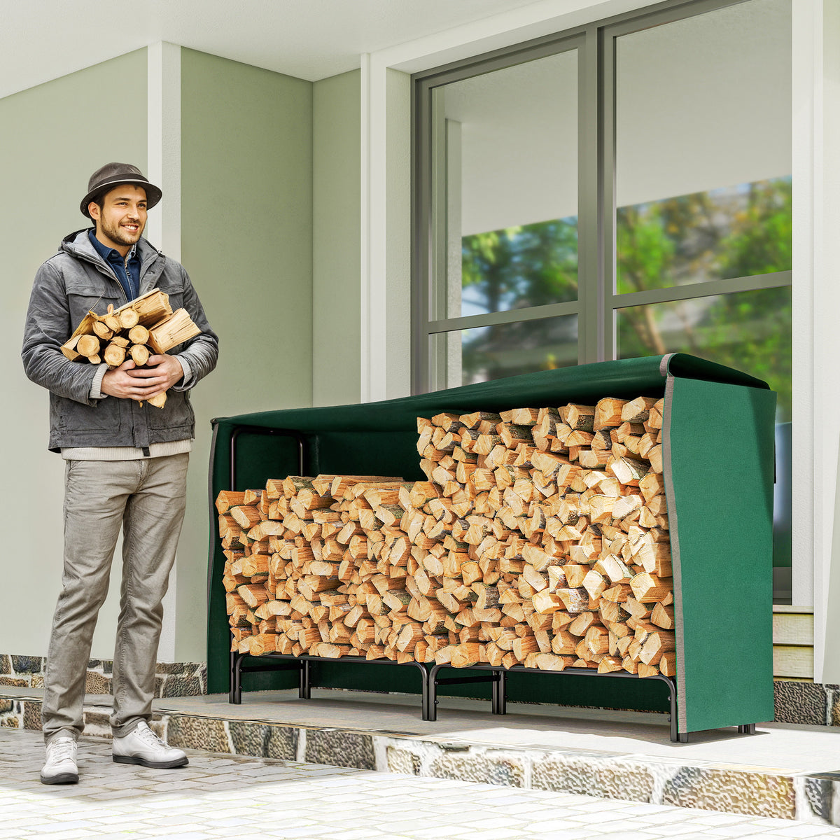 Suporte para Lenha com Cobertura Estante para Lenha de Metal Ajustável para Interior e Exterior Carga 200 kg 200x36x99 cm Verde Escuro e Preto — foto 2
