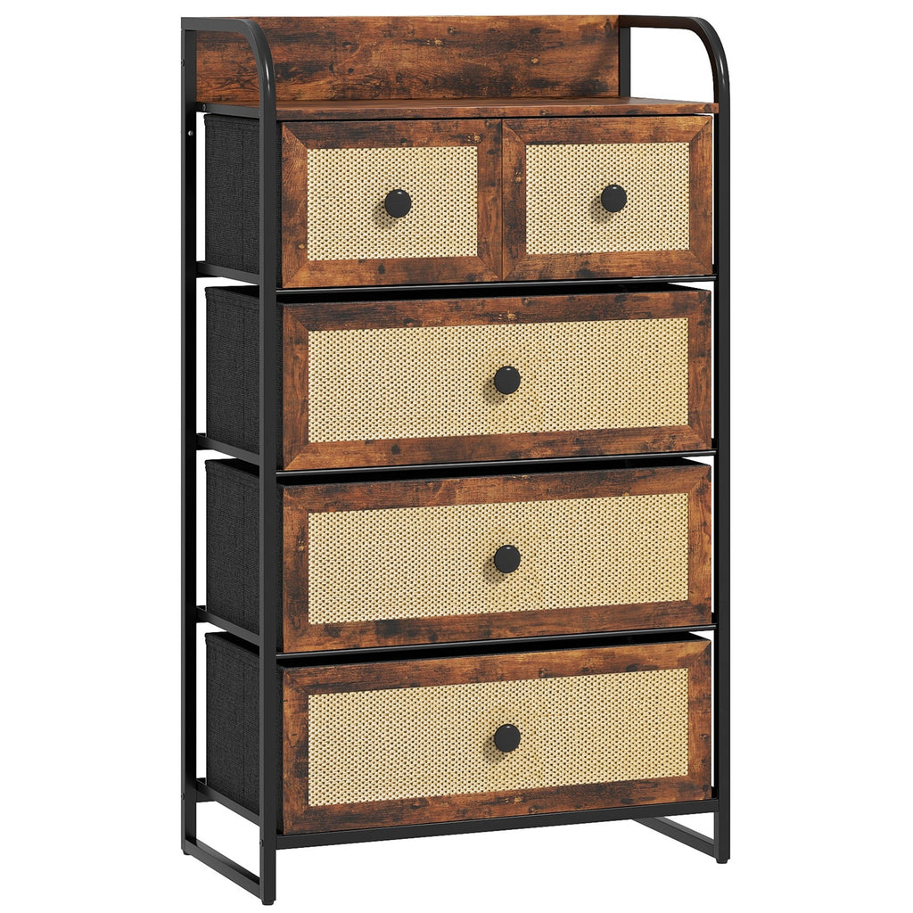 Cómoda de Tecido Cómoda para Dormitório com 5 Gavetas com Frente em Vime Prateleira e Estrutura em Aço para Sala de Estar 58x29x99 cm Marrom Rústico — foto 1
