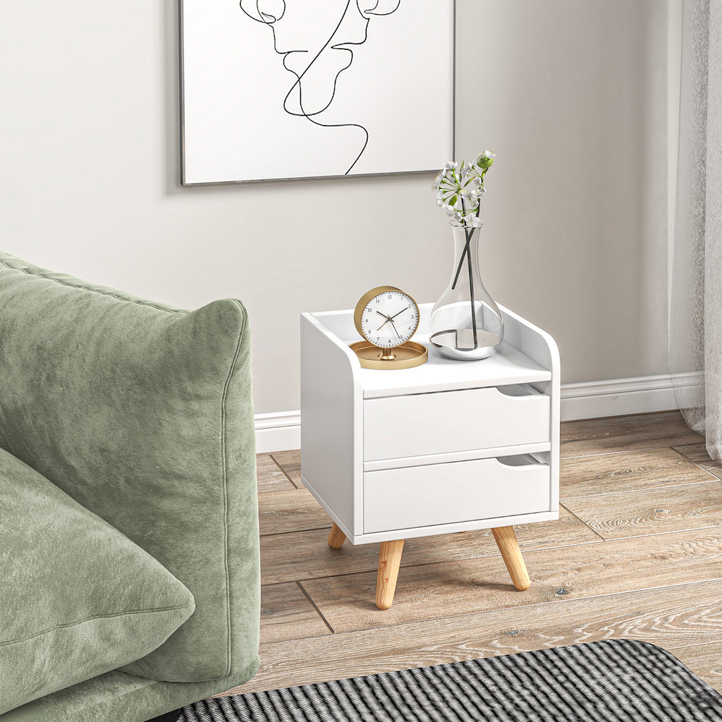Mesa lateral de cabeceira multiuso para sala de estar ou quarto com 2 gavetas espaçosas Pernas de pinho elevado Design moderno 33x28x42cm Branco — foto 2