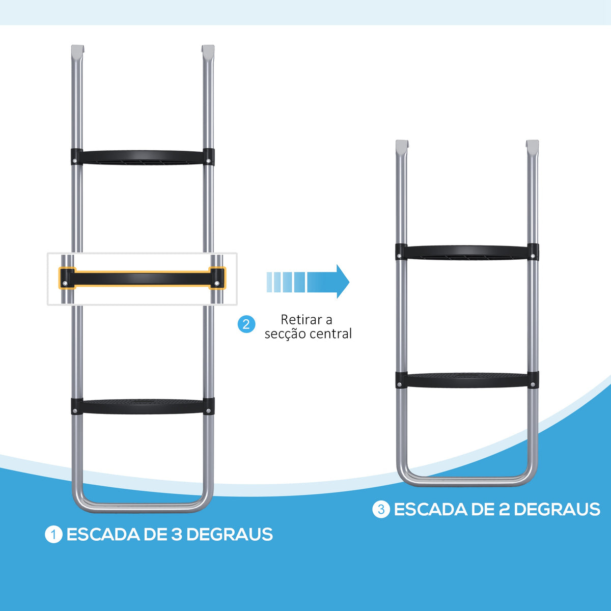 Escada para Trampolim de Aço Escada para Trampolim de 3 ou 2 Degraus com Degraus Largos e 2 Ganchos Capacidade 120 kg 110x32 cm Prata — foto 4
