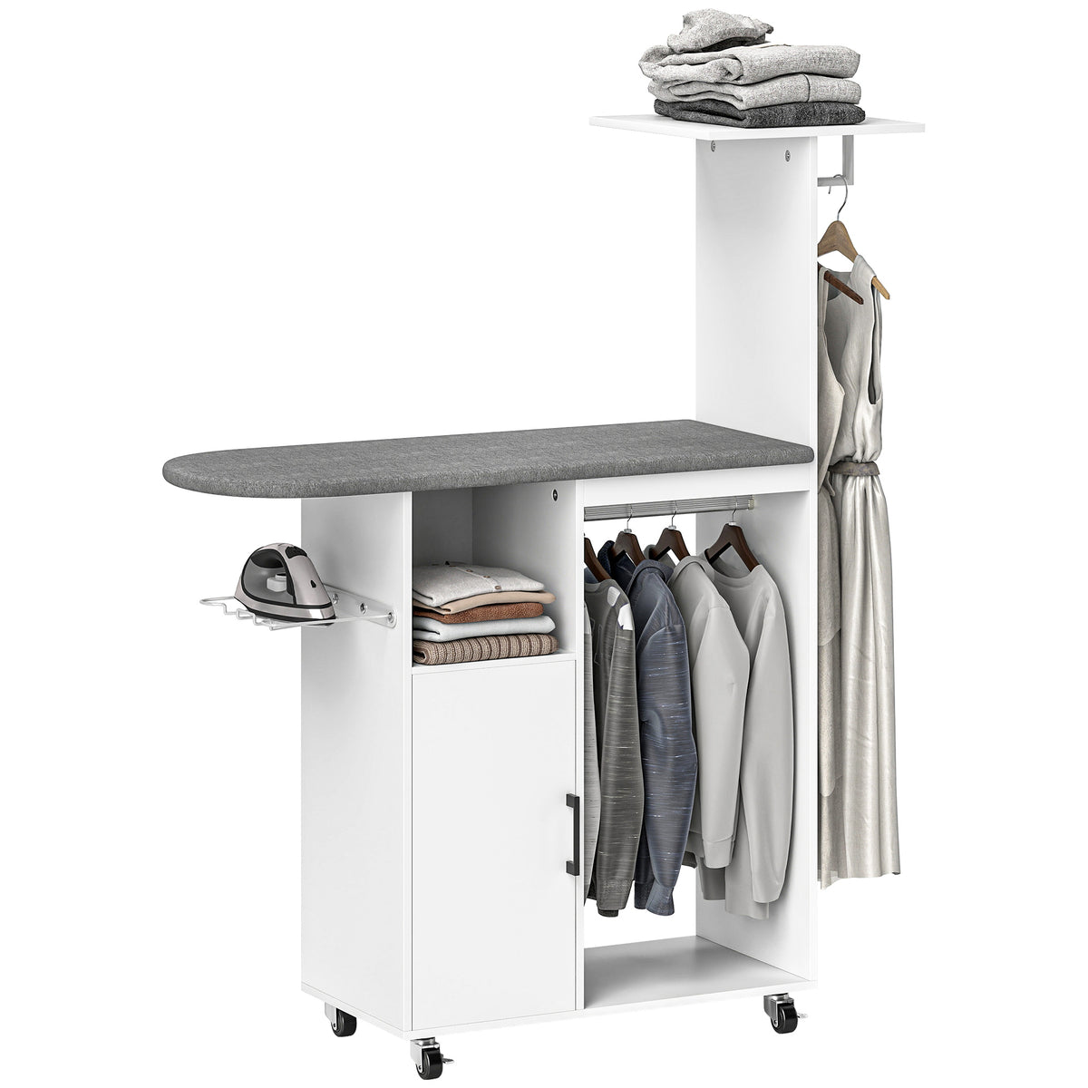 Móvel de Engomar Roupa com Rodas e Suporte Lateral Móvel de Passagem com Tábua de Passar Barra para Roupa Prateleira Ajustável 127,5x43,5x153 cm Branco — foto 1