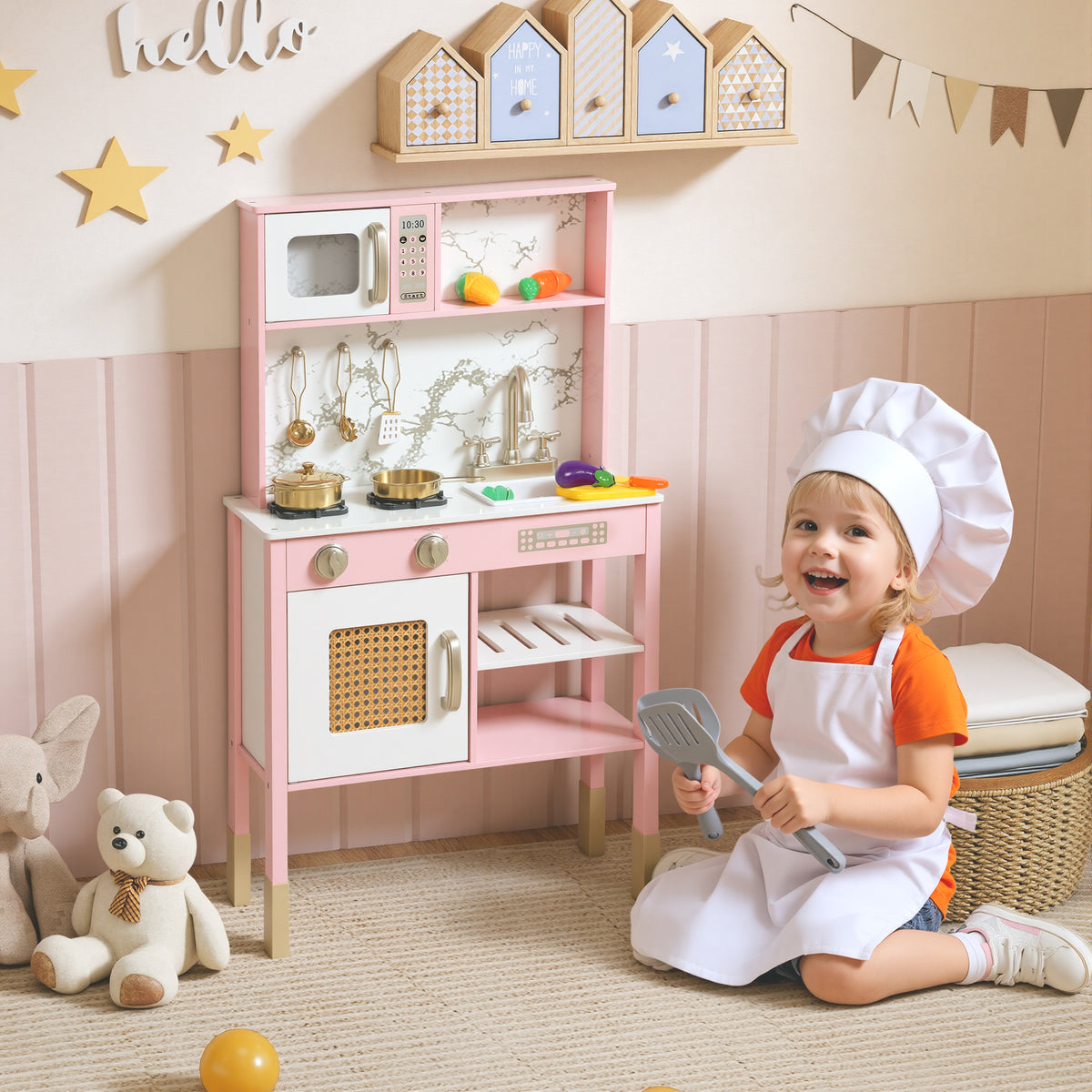 Cozinha de Brincar em Madeira com Som Cozinha Infantil com Acessórios em Aço Inoxidável Micro-Ondas Forno Lava-Loiças Legumes para Cortar para Crianças a Partir de 3 Anos 55x24x96 cm Rosa — foto 2