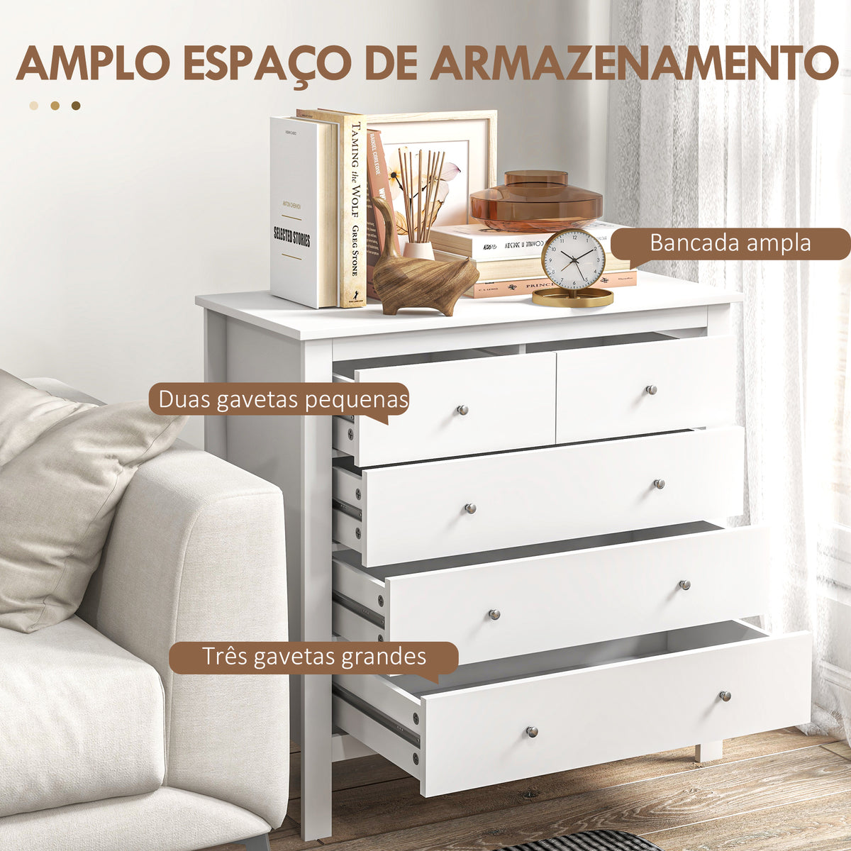 Cómoda com 5 Gavetas Cómoda de Quarto com Pés Elevados Cómoda para Sala Escritório Estilo Moderno 79x39,5x80,5 cm Branco — foto 4