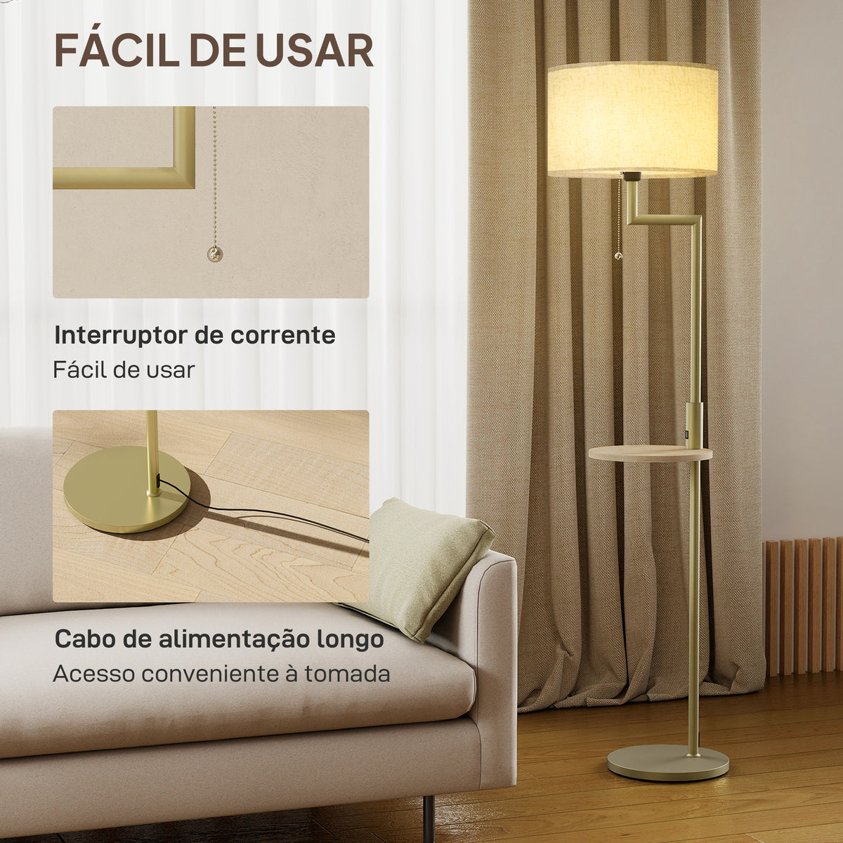 Candeeiro de Pé com Mesa Auxiliar Candeeiro com Prateleira Lâmpada E27 Máx. 40W com Ecrã de Linho Interruptor de Corrente e Carregador USB para Sala de Estar Ø40x170 cm Dourado — foto 7