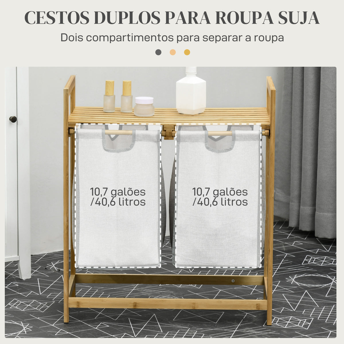 Cesto de Roupa de Bambu Cesto de Roupa Suja com 2 Bolsas Amovíveis e 2 Prateleiras Carga 20 kg 2x40,6L para Casa de Banho Dormitório 64x33x73 cm Madeira — foto 4