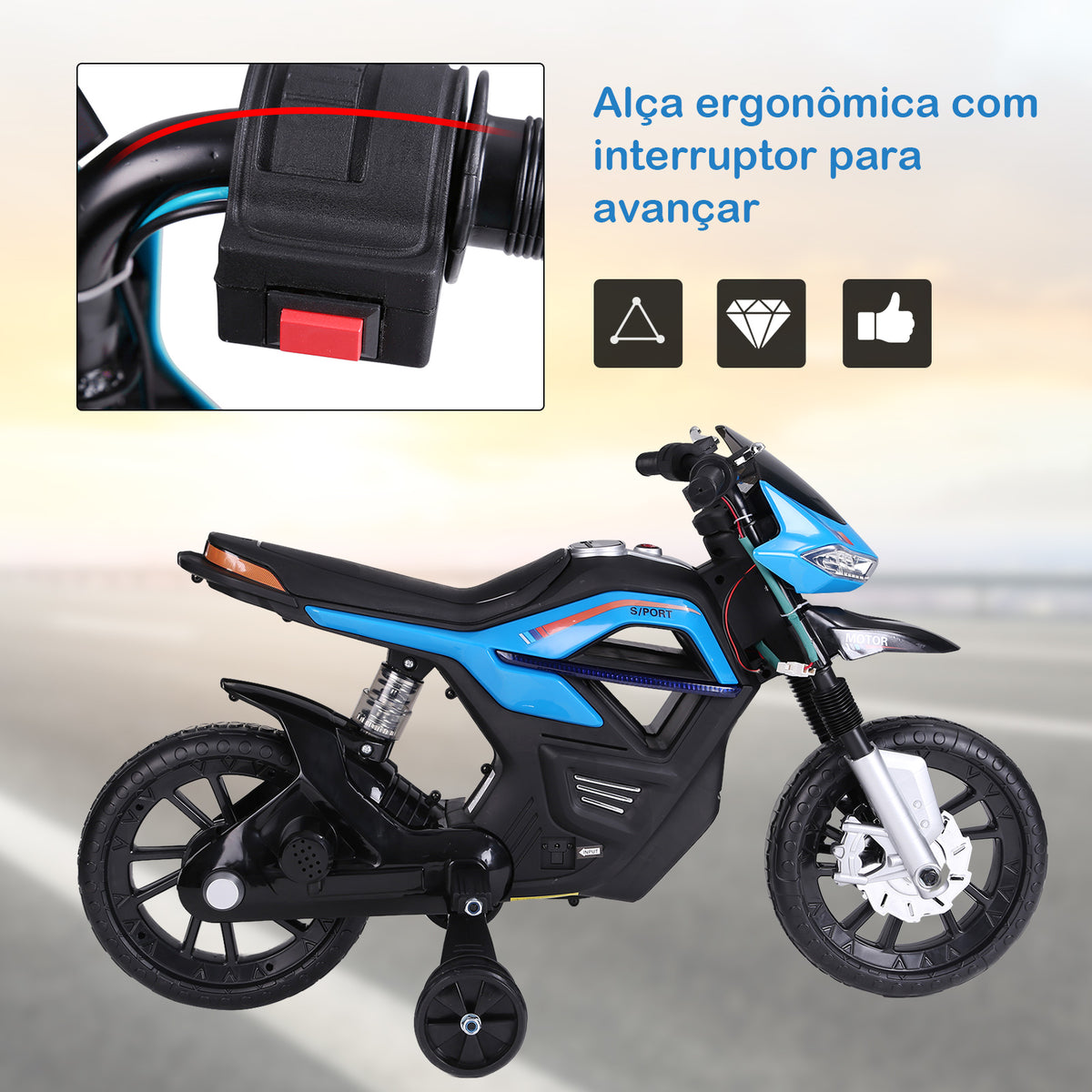 Mota Elétrica Infantil Motocicleta para Crianças acima de 3 anos Bateria 6V com Luzes e Música 105x52,3x62,3cm Azul — foto 4