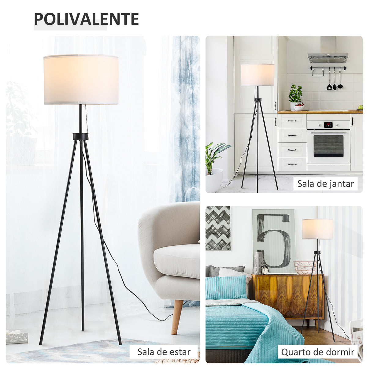 Candeeiro de Pé Moderno Candeeiro de Pé para Sala de Estar com Ecrã Redondo Tripé e Suporte para Lâmpada E27 Ø37x152 cm Branco e Preto — foto 5
