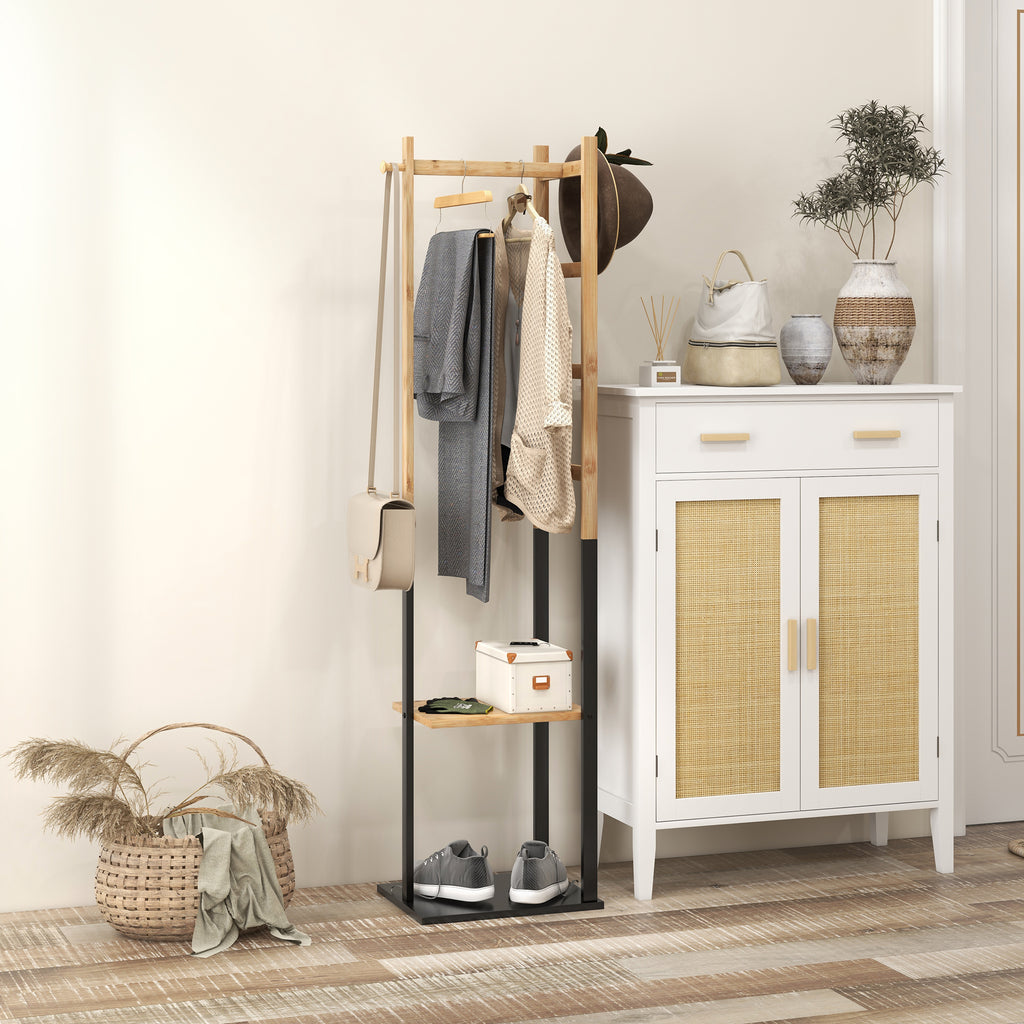 Cabide de Pé de Bambu com 2 Prateleiras 2 Ganchos 5 Barras Cabide de Entrada com Estrutura de Aço para Pendurar Roupa no Corredor Sala de Estar Quarto 46x28,5x153,5 cm Madeira e Preto — foto 2