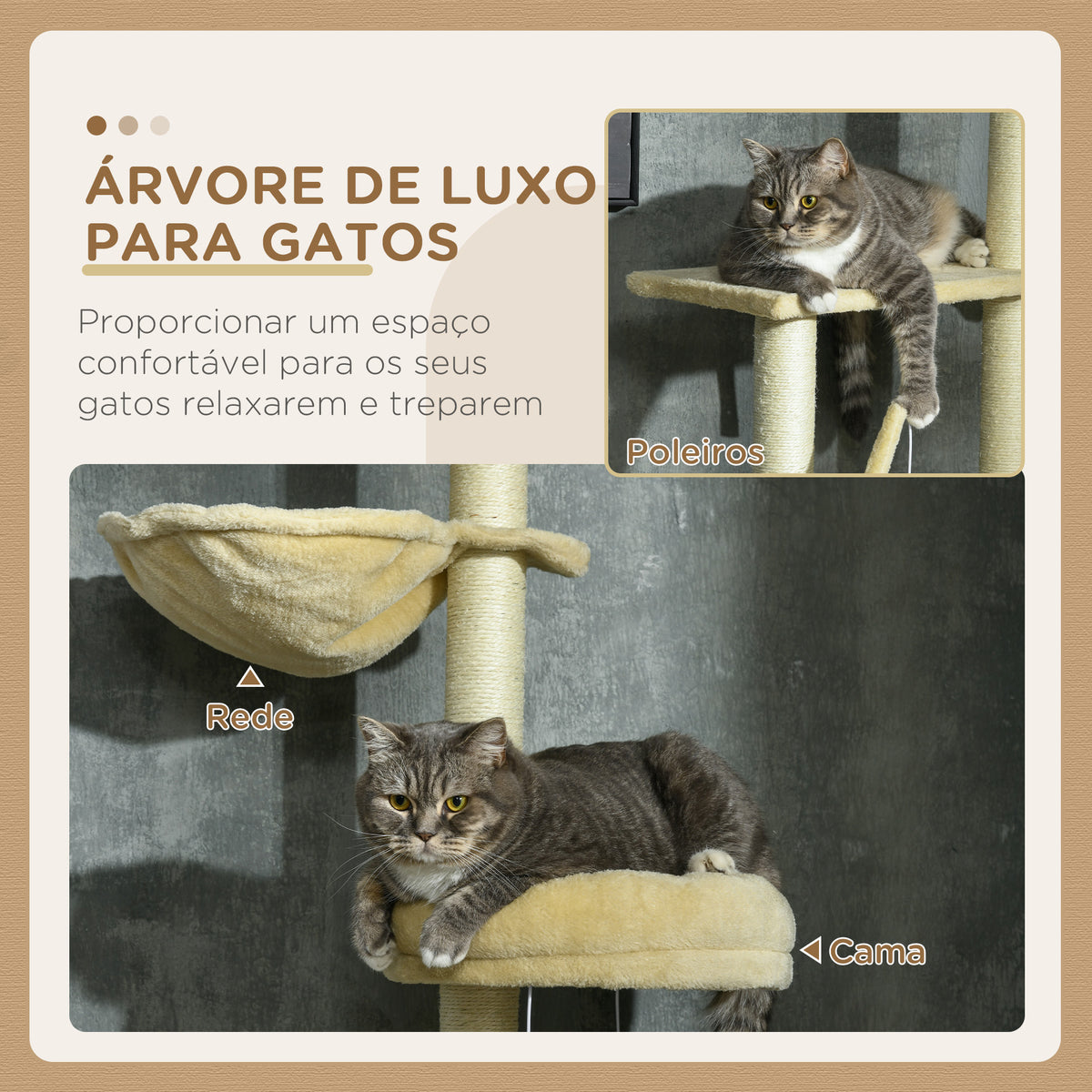 Arranhador para Gatos do Solo ao Teto de 230-250 cm Arranhador para Gatos com Altura Ajustável Múltiplas Plataformas Rede Bolas Suspensas Bege — foto 4