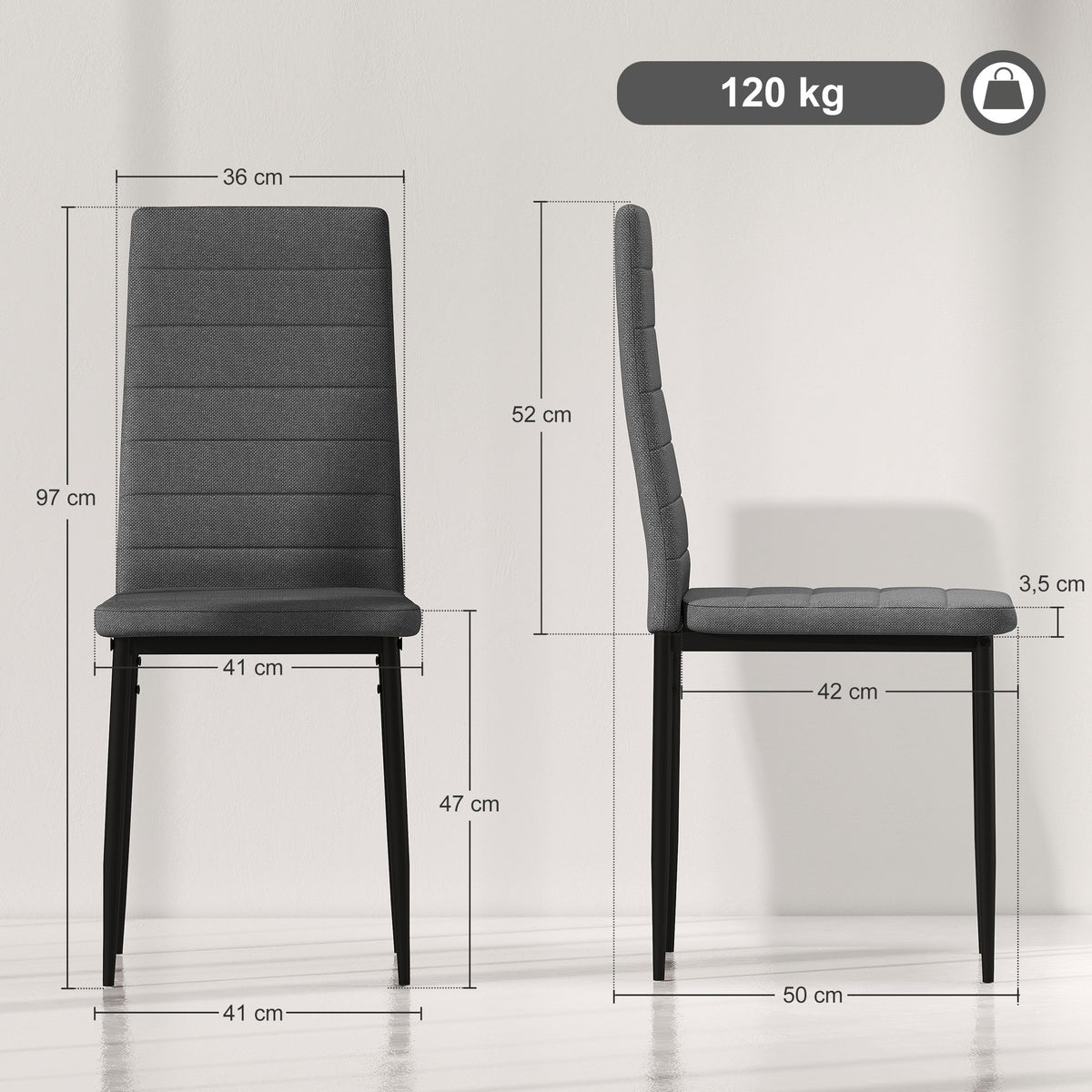 Conjunto de 6 Cadeiras de Sala de Jantar Estofadas em Linho e Pés de Metal Cadeiras Modernas para Cozinha Carga Máxima 120kg 41x50x97cm Cinza — foto 3