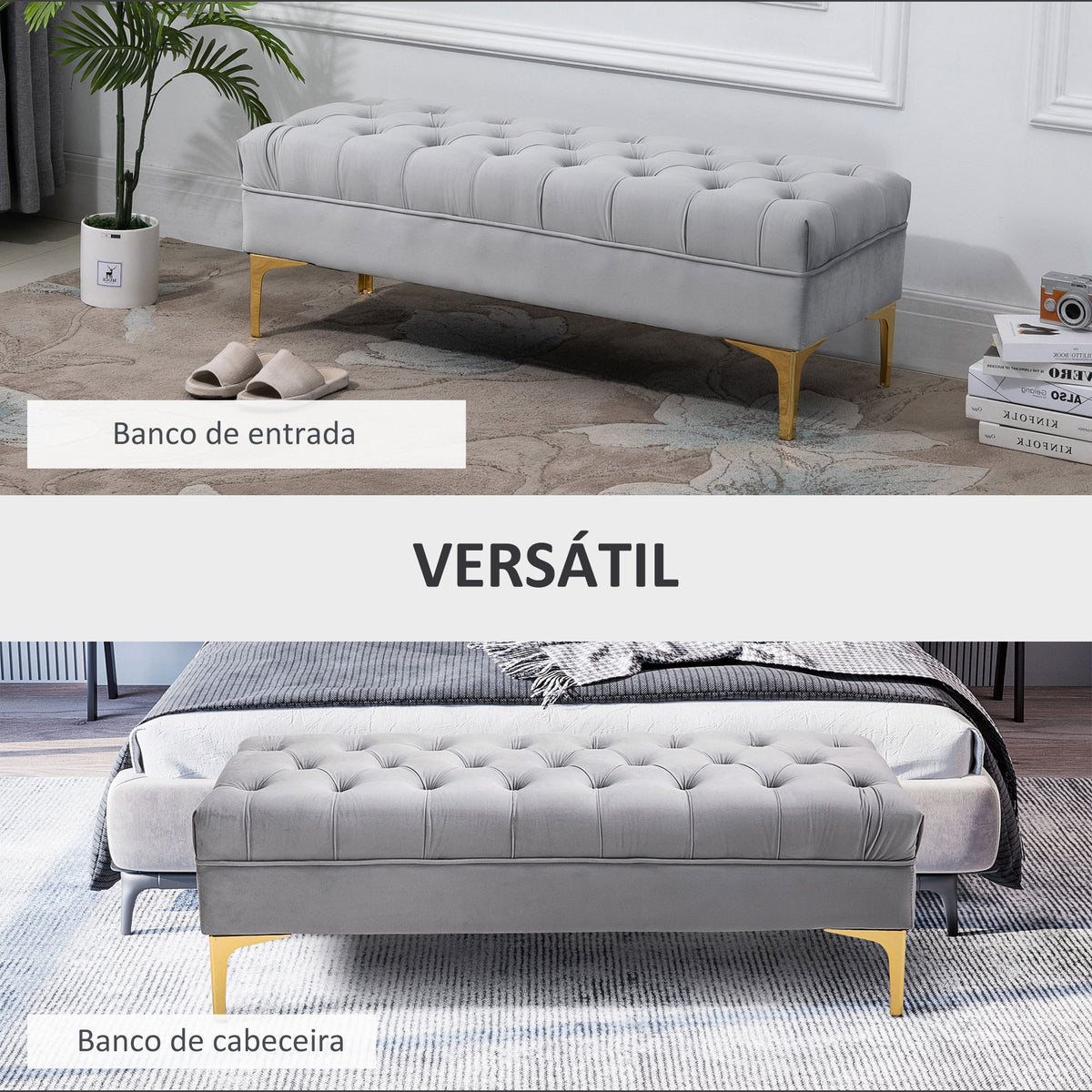 Banco de Pé de Cama com Assento Acolchoado e Pés Metálicos Banco de Quarto para Entrada Corredor Capacidade 120 kg 118x45x42 cm Cinza — foto 4