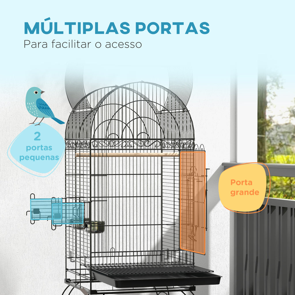 Gaiola para Pássaros com Rodas Gaiola para Pássaros com Bandeja Amovível Prateleira e 2 Comedouros de Aço Inoxidável e Poleiro para Periquitos Canários 51x51x153 cm Preto — foto 4
