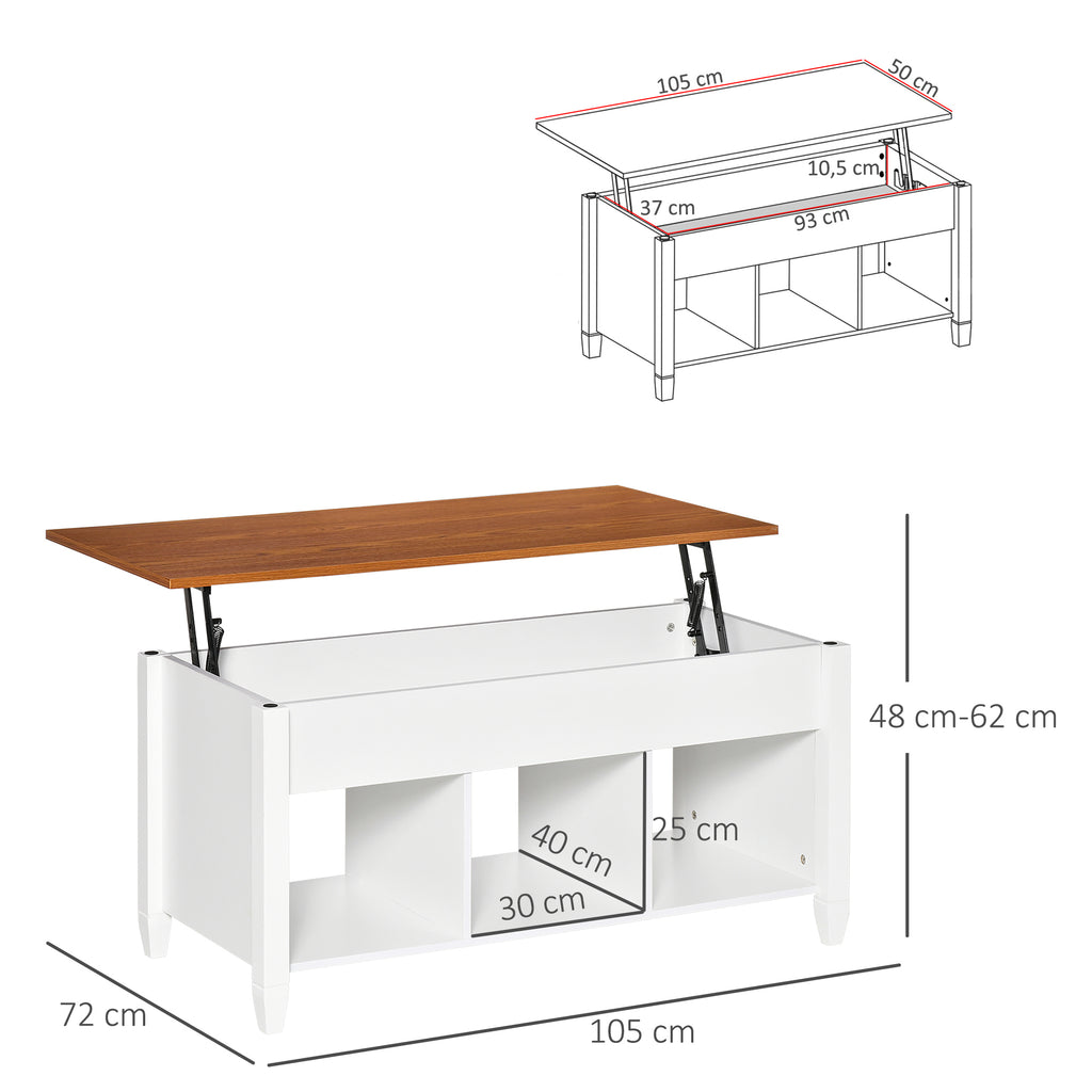 Mesa de Centro com Bancada Elevável Mesa de Centro com 3 Compartimentos Abertos Mesa Retangular Moderna para Sala de Estar 105x50x48cm Branco e Marrom — foto 3