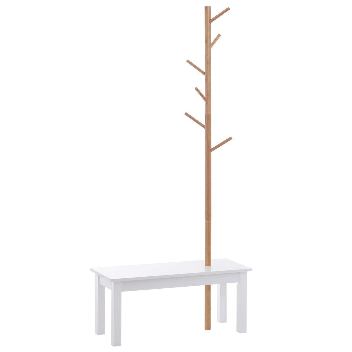 Cabide de Pé com Banco Pendurador Tipo Árvore Moderno 6 Ganchos para Pendurar Roupa Malas Corredor Entrada Bambu e MDF 80x30x180cm — foto 1