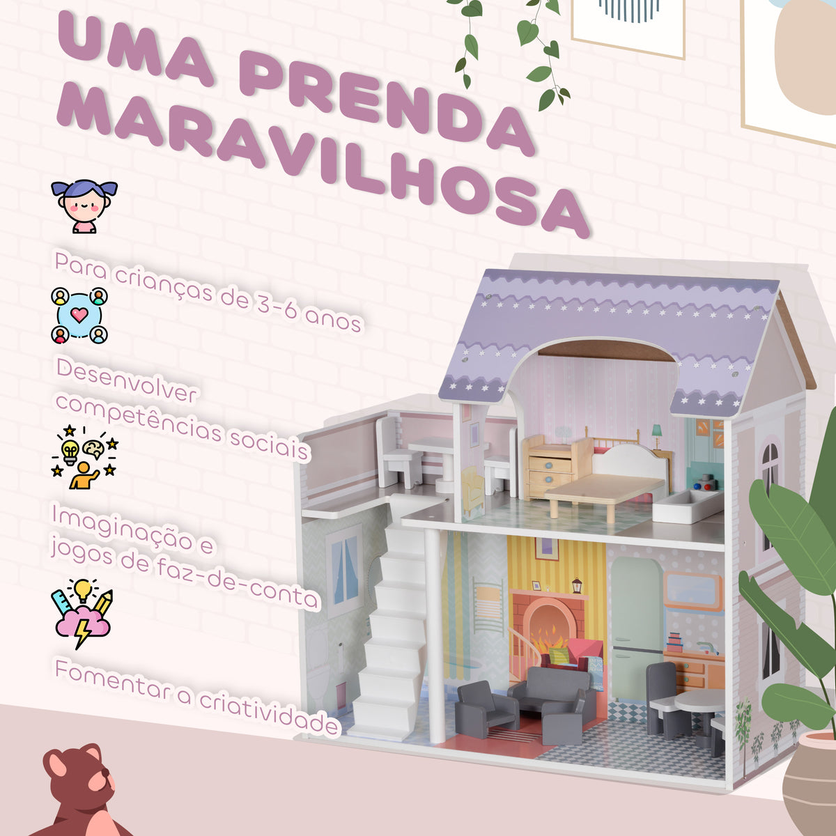 Casa de Bonecas com Móveis e Acessórios Casa de Bonecas de Madeira com Varanda e 2 Andares Brinquedo para Meninas e Meninos acima de 3 Anos 60x26,6x60 cm Multicor — foto 6