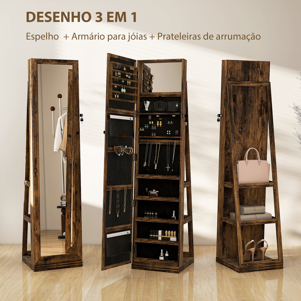 Joalheiro de Pé Armário para Jóias 360° Organizador de Jóias com Fechadura e Espelho Incorporado Carga Máxima 20 kg 38x38x160 cm Marrom Rústico — foto 4
