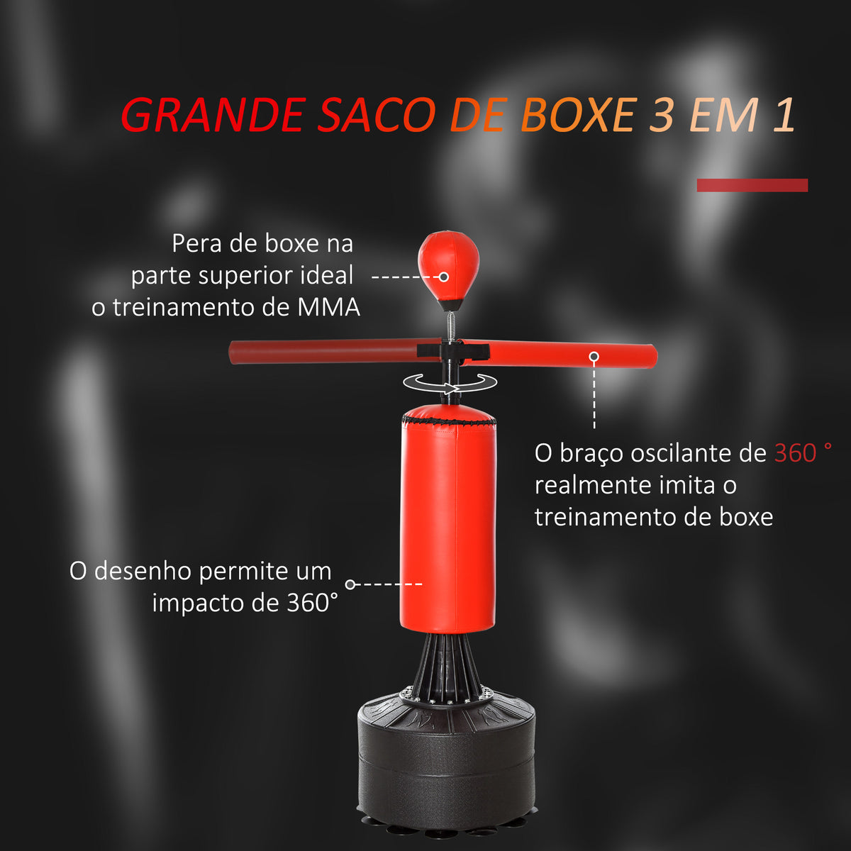 Punching Ball de Boxe com Altura Ajustável com Barra Giratória 360° e Base Preenchida Punching Ball para Boxe 88x48x155-205 cm Preto e Vermelho — foto 4
