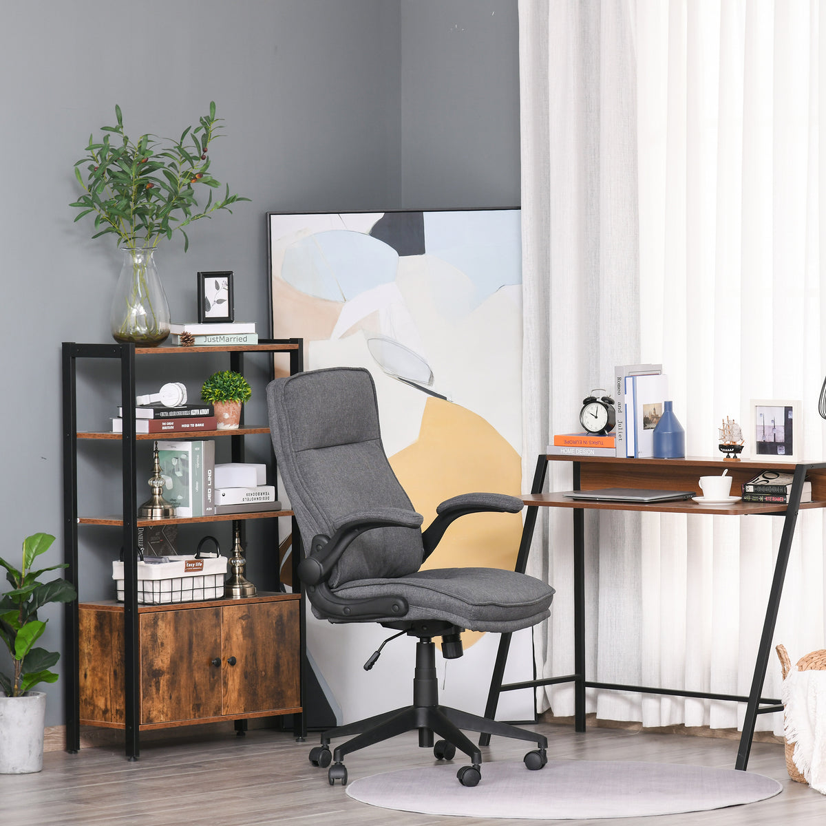 Cadeira de escritório ergonômica 360 ° giratória com função de inclinação Apoios de braço acolchoados e ajustáveis ​​em altura para casa e escritório 67x70x108-118 cm Cinza — foto 2