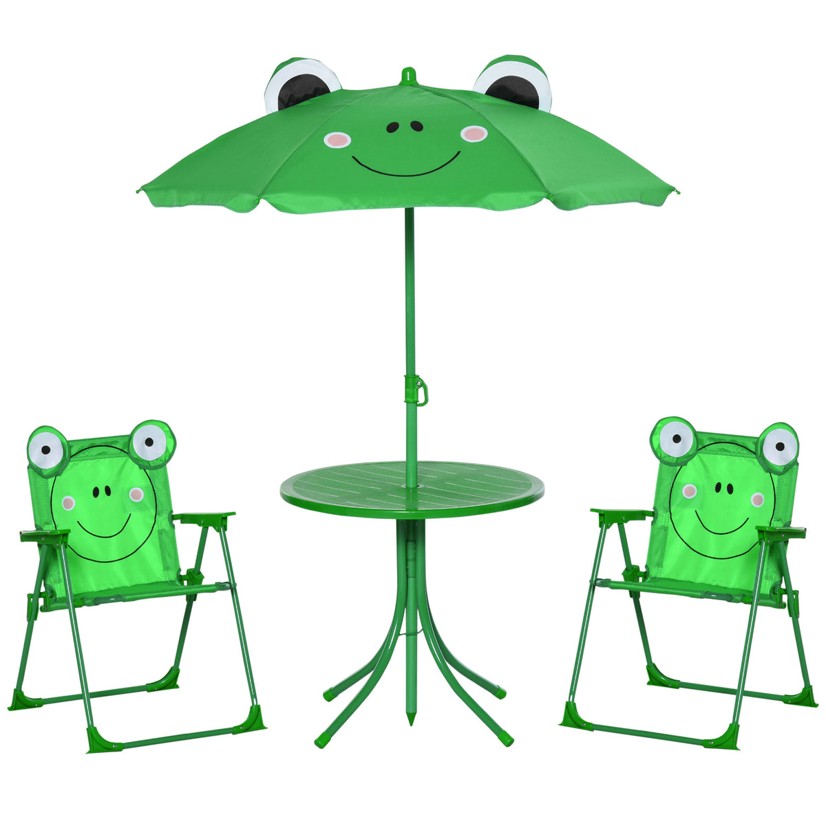 Conjunto de Mesa e Cadeira de Jardim Conjunto de Picnic Dobrável para Crianças Conjunto de Mesa com Chapéu de Sol com Altura Ajustável 100-125cm Desenho de Sapo Verde — foto 1