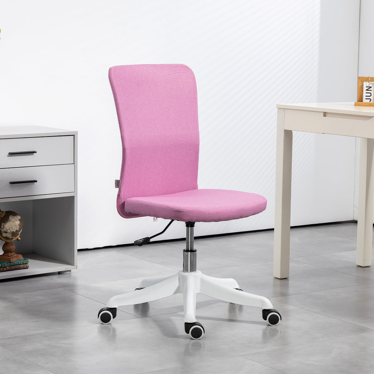 Cadeira de Escritório sem Apoio para os Braços Cadeira de Escritório Giratória Estofada em Linho Sintético com Altura Ajustável para Estudo Dormitório Tocador Carga 120 kg 53x43x85-93 cm Rosa — foto 2