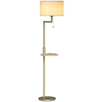 Candeeiro de Pé com Mesa Auxiliar Candeeiro com Prateleira Lâmpada E27 Máx. 40W com Ecrã de Linho Interruptor de Corrente e Carregador USB para Sala de Estar Ø40x170 cm Dourado — foto 1