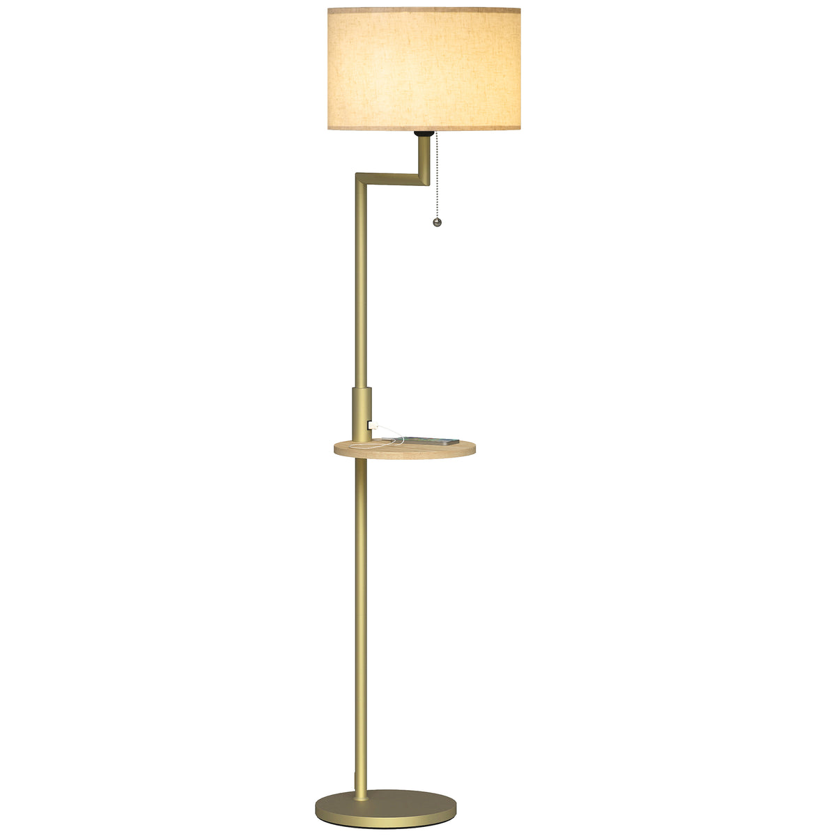 Candeeiro de Pé com Mesa Auxiliar Candeeiro com Prateleira Lâmpada E27 Máx. 40W com Ecrã de Linho Interruptor de Corrente e Carregador USB para Sala de Estar Ø40x170 cm Dourado — foto 1