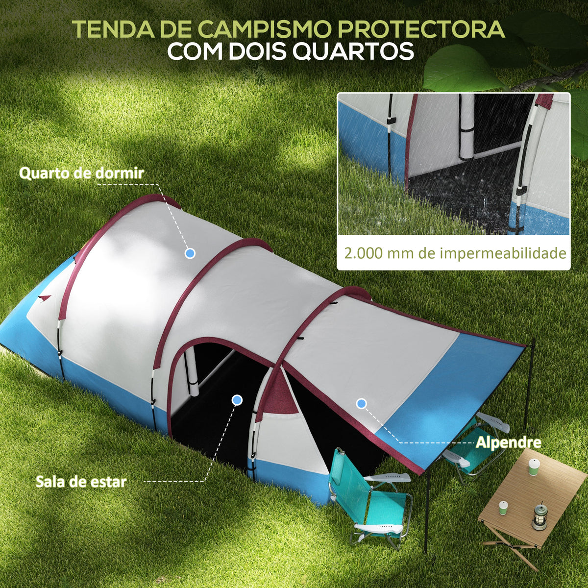 Tenda de Campismo Familiar para 3 Pessoas Tenda de Campismo Dobrável Leve com 2 Divisões Bolsa de Transporte Impermeável 2000 mm para Praia e Caminhadas 420x200x150 cm Azul Claro e Vermelho — foto 4