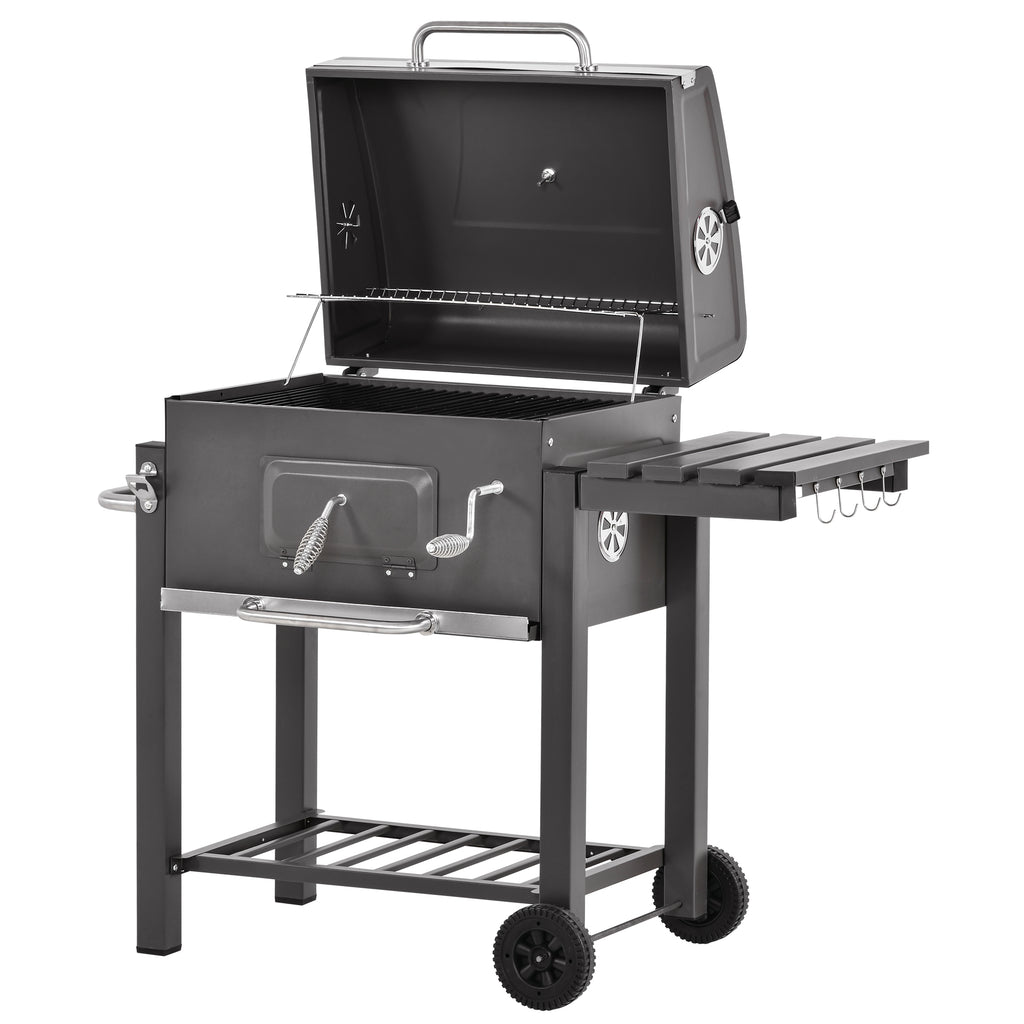 Barbecue a Carvão com Rodas Prateleira Lateral e Termômetro Barbecue a Carvão para Jardim Campismo Exterior 115x56x108cm Cinza — foto 1