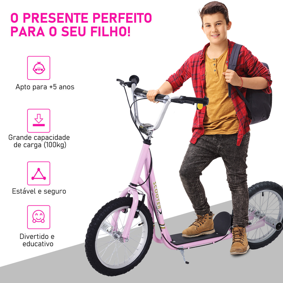 Trotinete com 2 Rodas de 16 Polegadas Trotinete para Crianças com Altura Ajustável e Freio 143x58x92-100 cm Rosa — foto 4