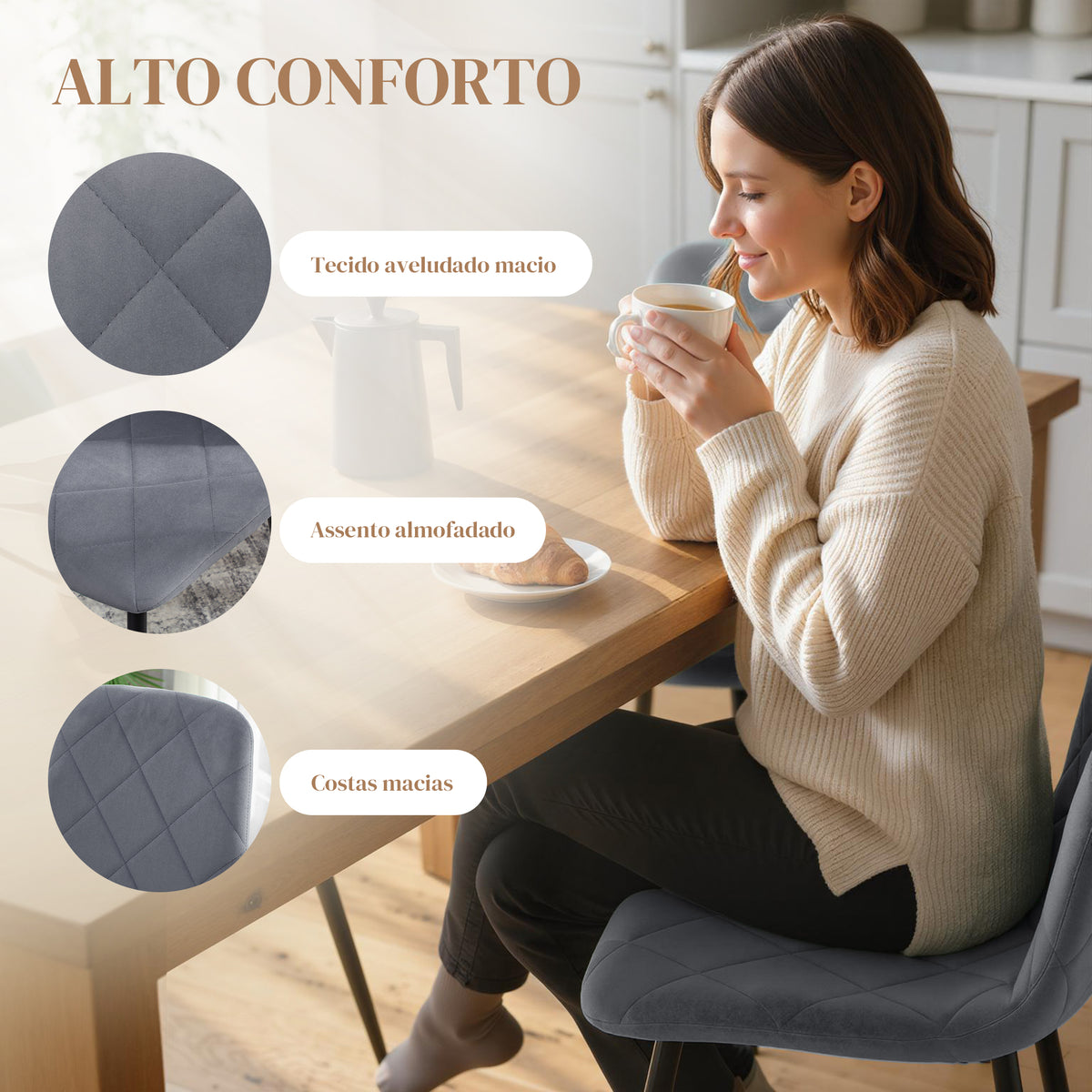 Conjunto de 4 Cadeiras de Jantar Modernas Cadeiras de Cozinha Estofadas em Veludo com Pés de Aço para Sala de Estar 45x54x87 cm Cinza — foto 4