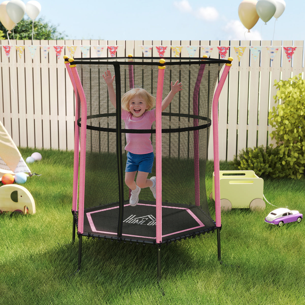 Trampolim para Crianças acima de 3 Anos Cama Elástica Infantil com Rede de Segurança e Estrutura de Aço para Interiores e Exteriores Carga 50kg Ø163,5x190 cm Rosa — foto 2