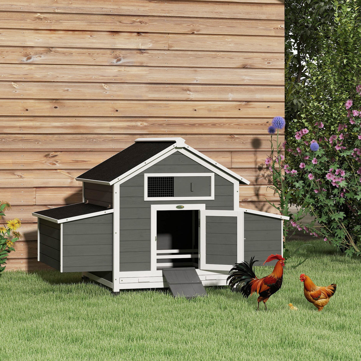 Galinheiro para Exterior 150x100x96,5 cm Galinheiro de Madeira com 2 Ninhos Bandeja Amovível Resistente a Intempérie Cinza e Branco — foto 2