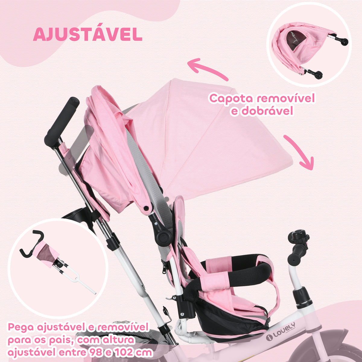 Triciclo para Bebés Triciclo Evolutivo para Crianças de +12 Meses com Capota Dobrável Guiador Telescópico e Removível Bolsa e Porta-Garrafas 102x49x102 cm Rosa — foto 5