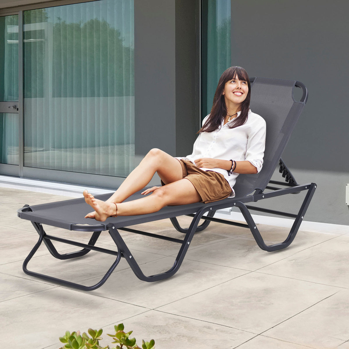 Espreguiçadeira de Jardim com Encosto Ajustável em 5 Posições de Alumínio e Textilene para Varanda Terraço Exterior 163x58,5x91 cm Cinza — foto 2