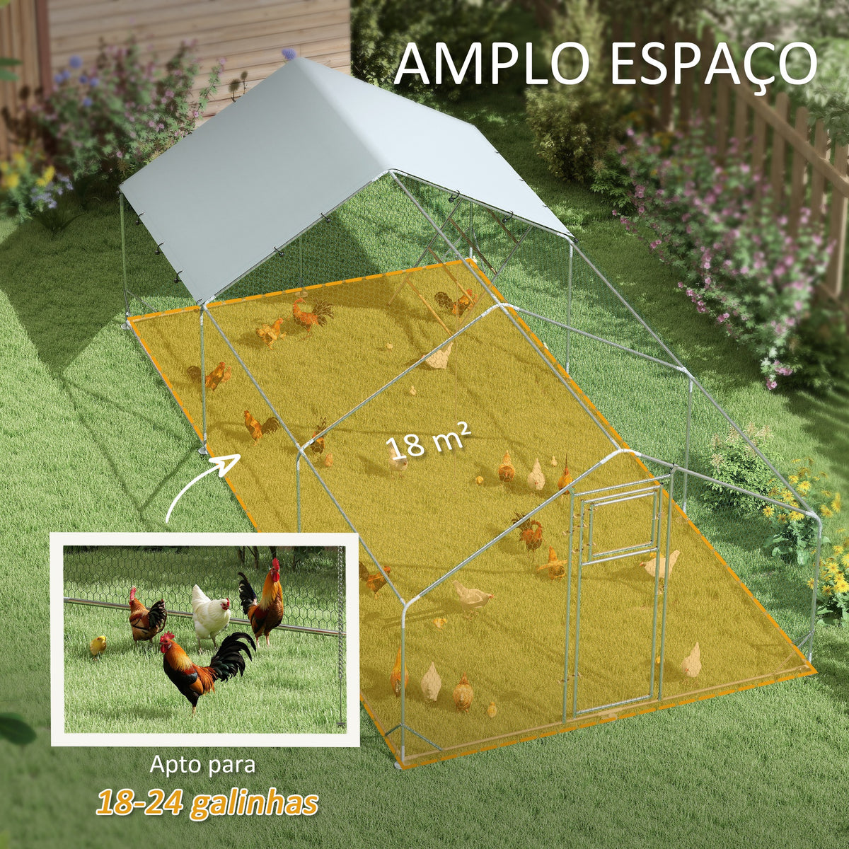 Galinheiro para Exterior 3x6 m Galinheiro de Aço Galvanizado com Comedouro Suspenso Tipo Espeto Poleiro Cobertura Anti-UV e Impermeável para Coelhos Patos Gansos Prata — foto 4