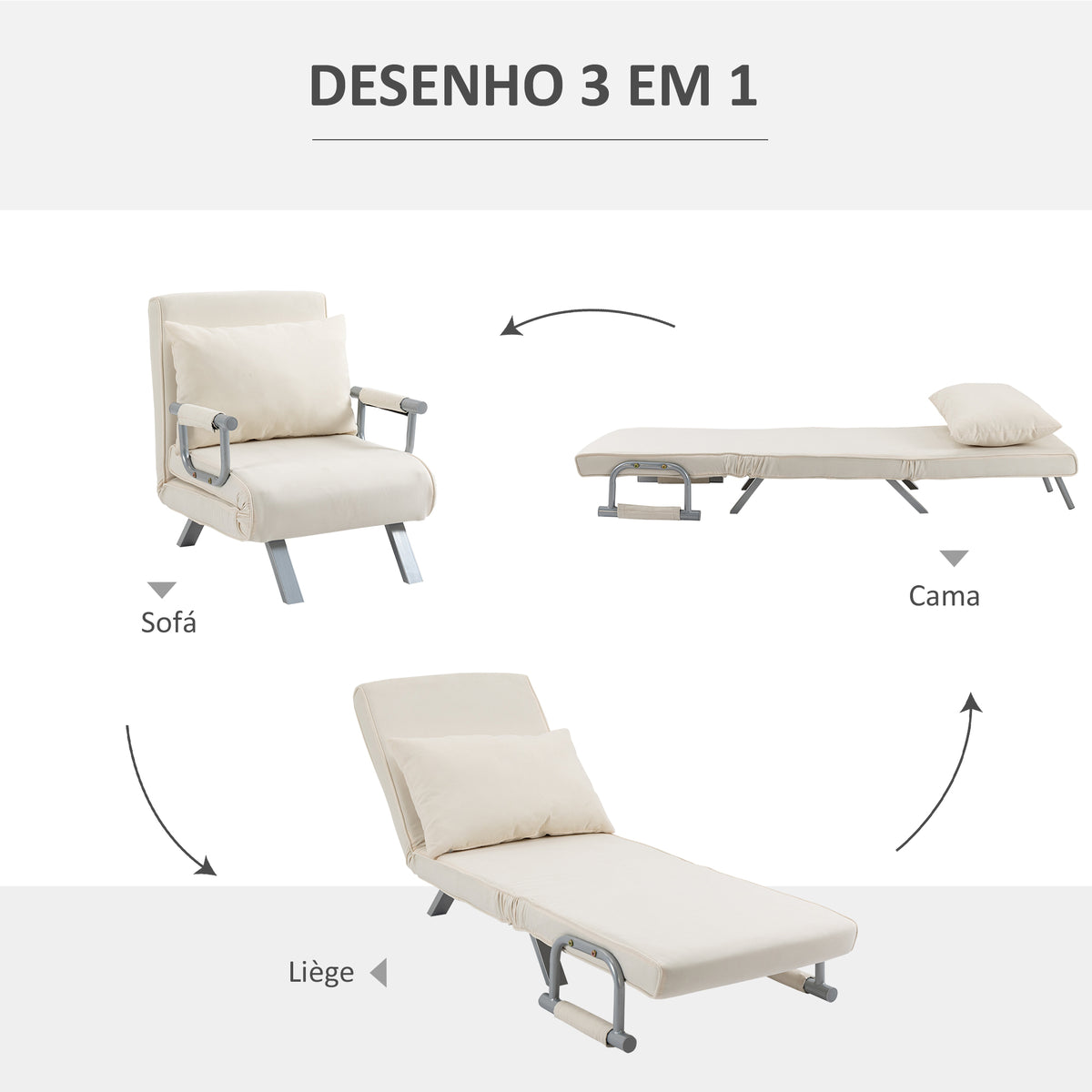 Sofá Cama Individual Poltrona Cama Individual Sofá Reclinável com Almofada para Sala Quarto Escritório Carga 100 kg 65x69x80 cm Creme — foto 5