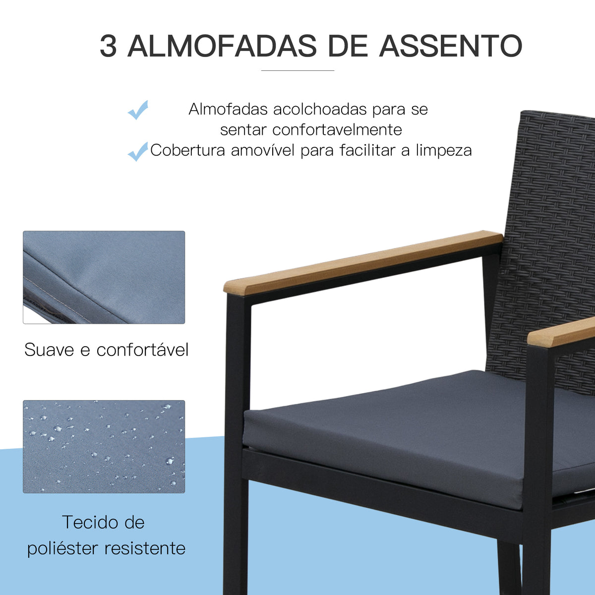 Conjunto de Móveis de Vime e 4 Peças com Almofadas Acolchoadas 2 Poltronas 1 Sofá Duplo e Mesa de Centro com Vidro Temperado para Jardim Varanda Preto — foto 7