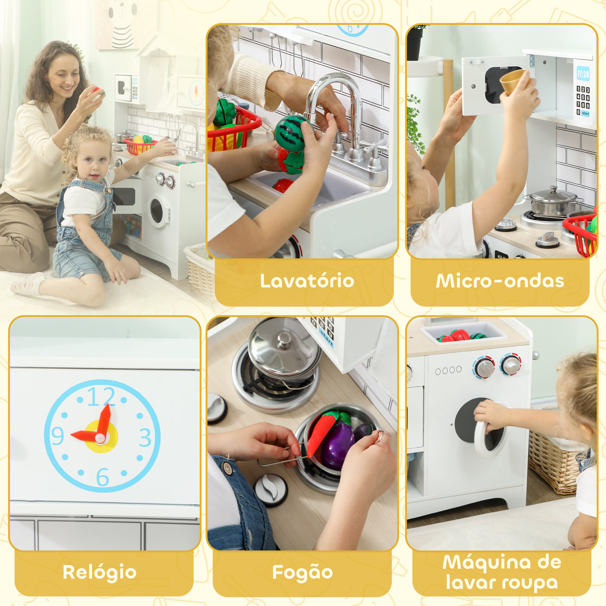 Cozinha de Madeira com Som e Cortinas Cozinha de Brincar Infantil com Acessórios em Aço Inoxidável, Máquina de Lavar Micro-ondas, Lava-Loiça para Crianças a partir dos 3 Anos 79,5x24x94 cm Branco — foto 5