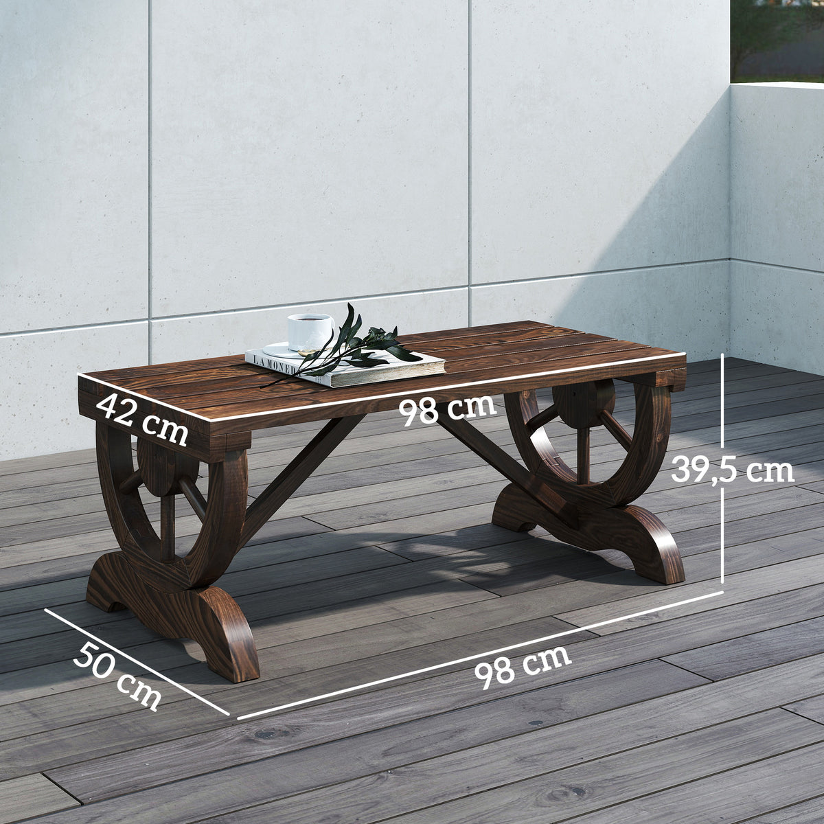 Banco de Jardim de 2 Lugares Banco de Madeira com Rodas Decorativas Estilo Rústico Capacidade 250 kg para Pátio Terraço Varanda 98x50x39,5 cm Castanho Rústico — foto 3