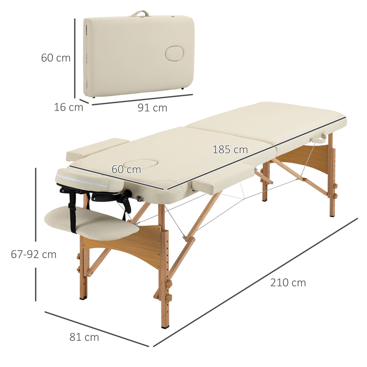 Marquesa de Massagem Dobrável Marquesa com Altura Ajustável 61-87 cm Desenho Ergonómico para Utilização Profissional Fácil de Transportar 185x60 cm Creme — foto 3
