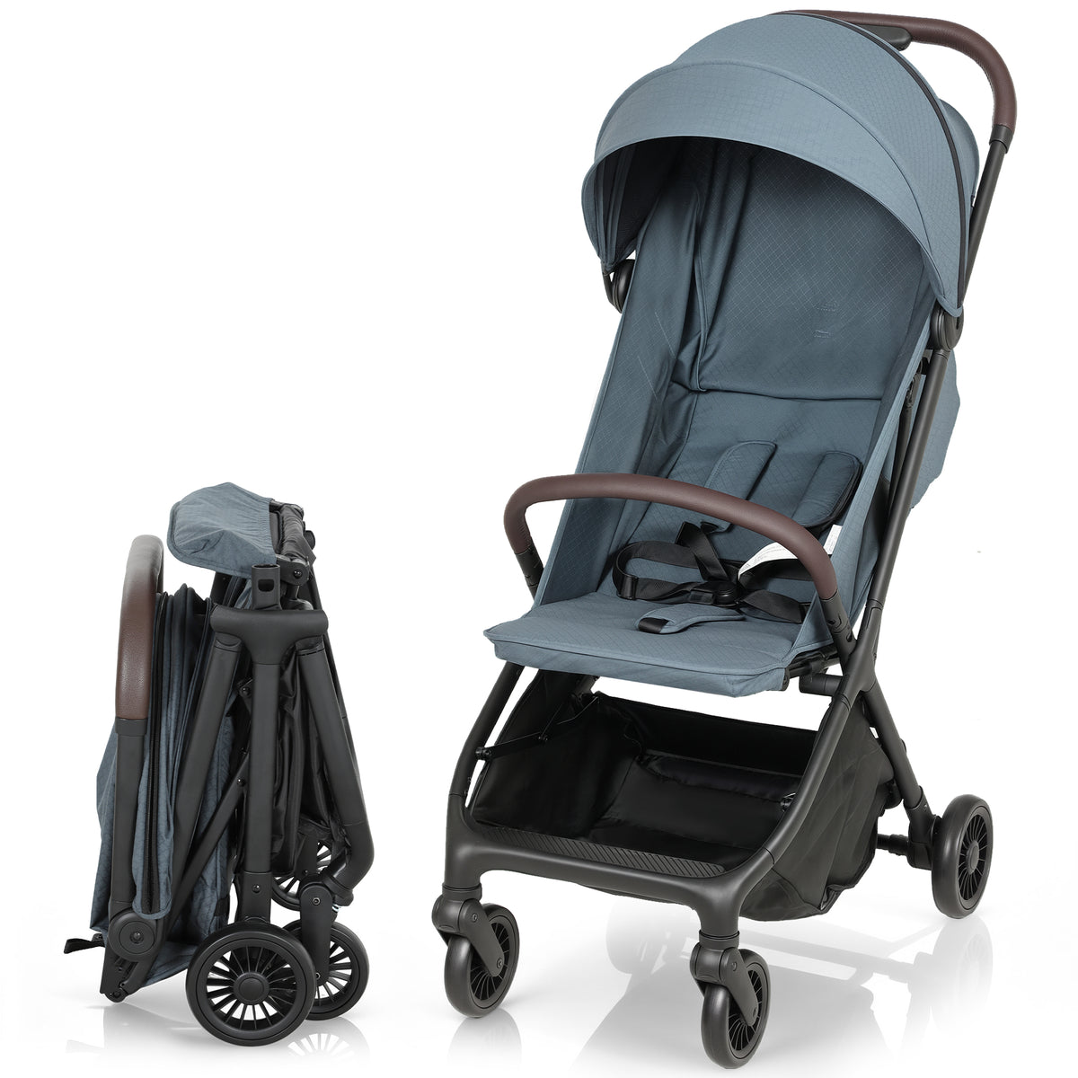 Carrinho de Bebé Leve Carrinho de Bebé Dobrável com Encosto Reclinável Apoia-Pés Ajustável Capota Arnês de 5 Pontos Rodas com Suspensão Carga Máxima 15 kg 87x50x103 cm Azul Escuro — foto 1