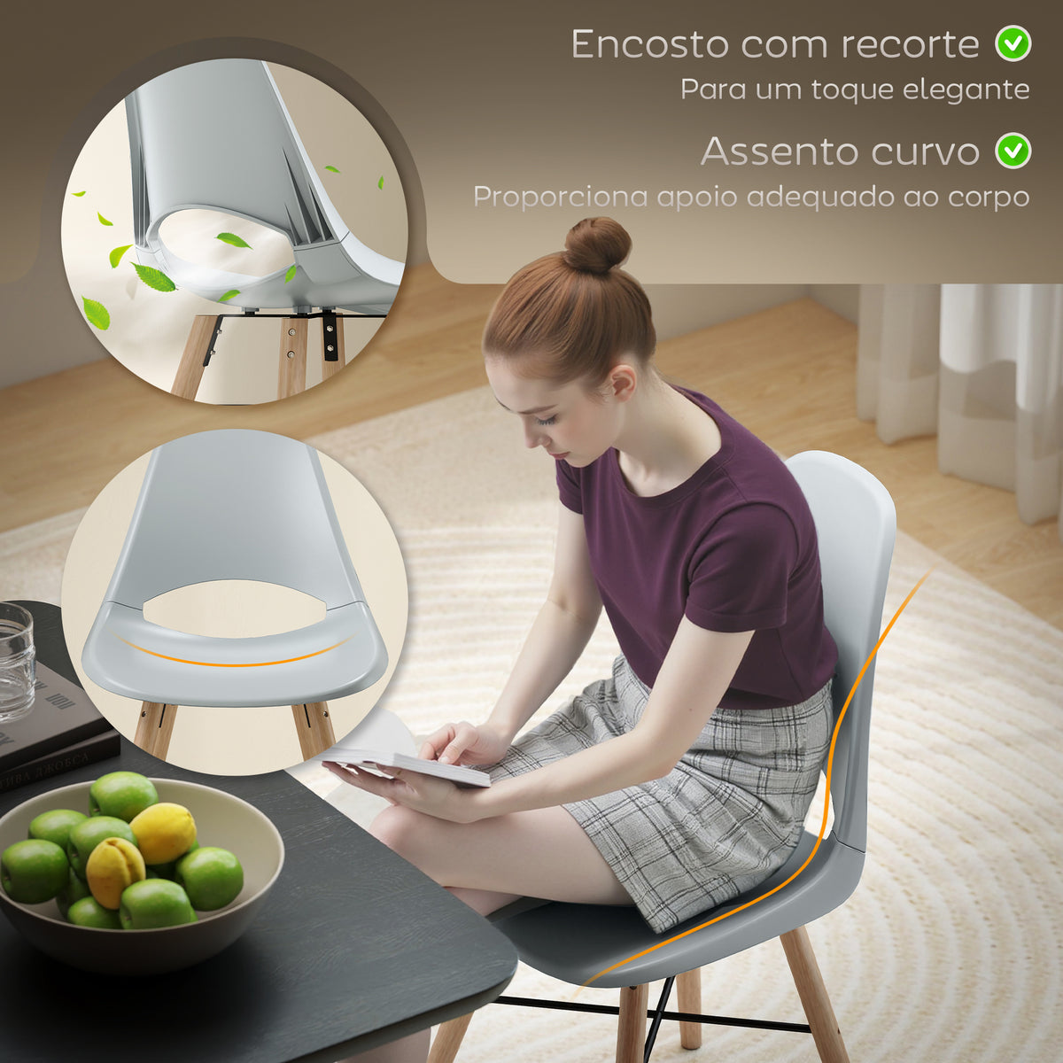 Conjunto de 2 Cadeiras de Jantar de Plástico Cadeiras de Cozinha Modernas com Encosto Curvado e Pés em Madeira de Borracha para Sala de Estar Quarto 47x49x84 cm Cinzento — foto 4