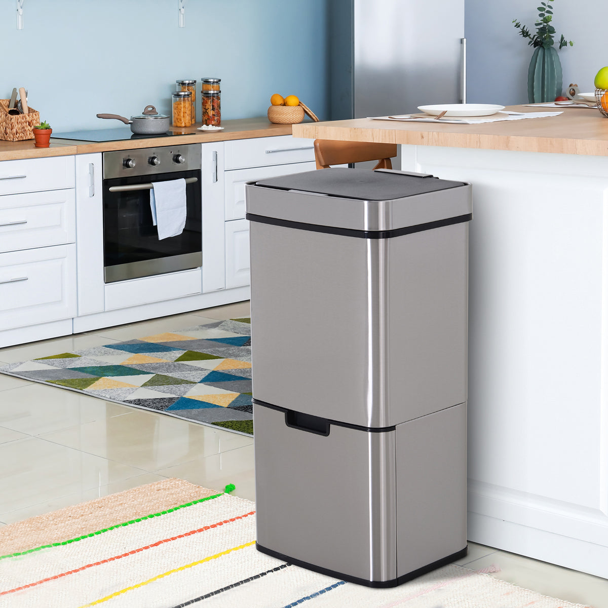 Balde de Lixo 72 L com Abertura Automática Balde de Lixo de Aço Inoxidável e Reciclagem para Cozinha 42x30x81 cm Prata — foto 2