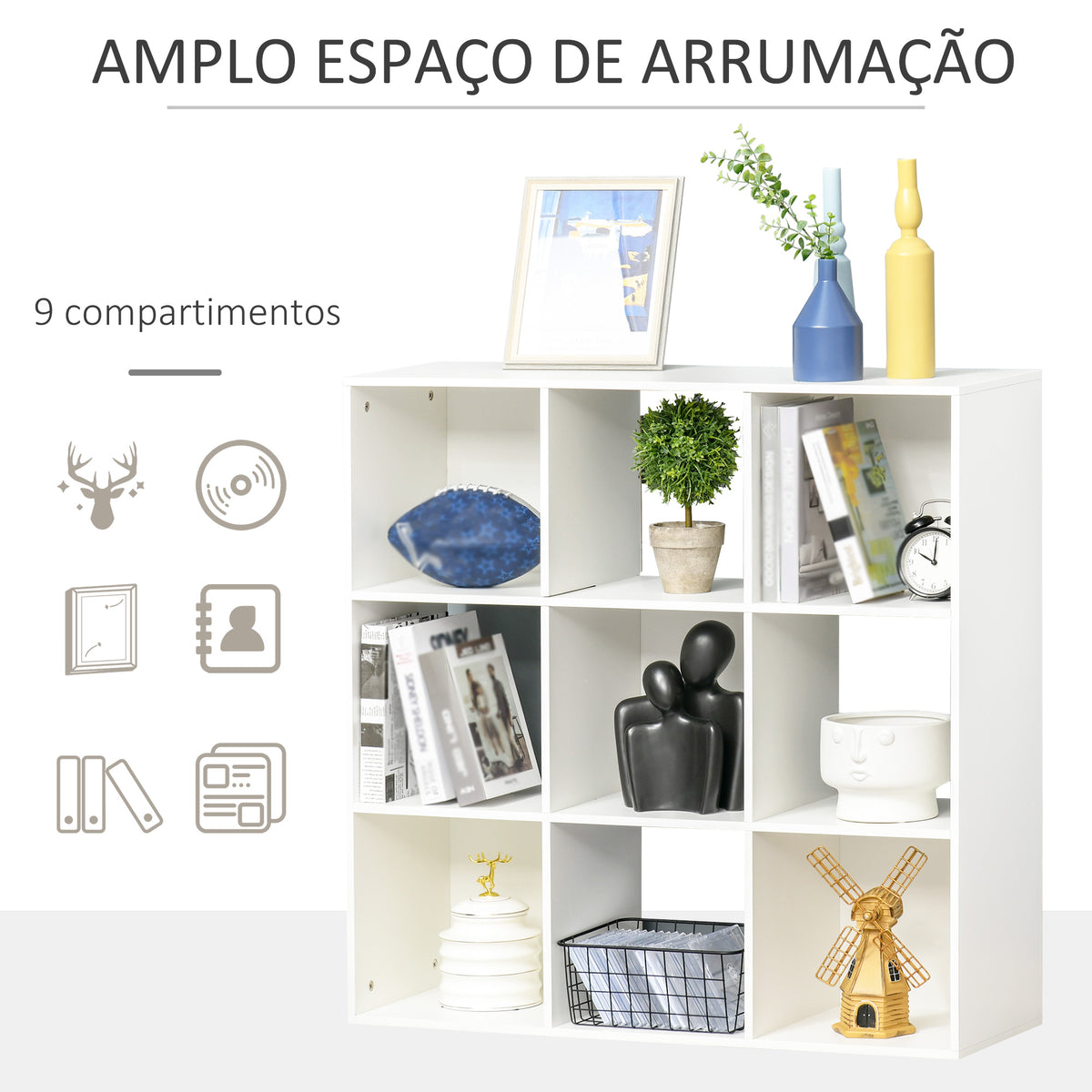 Estante para Livros de 3 Níveis Estante de Madeira com 9 Compartimentos Estante Modular 91,5x29,5x91,5 cm Branco — foto 4