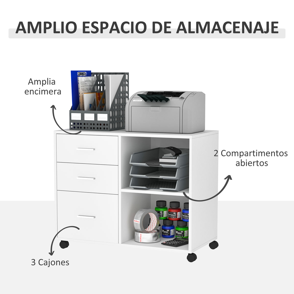 Armário de Escritório para Impressora Multifuncional com 3 Gavetas Prateleira Ajustável e Rodas 80x40x65cm Branco — foto 4