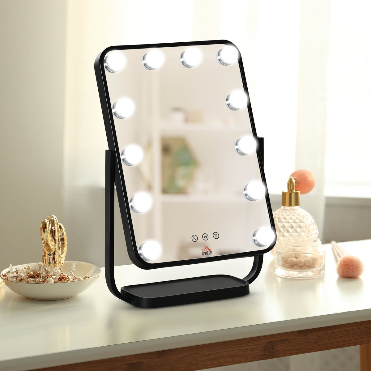 Espelho de Maquilhagem Espelho de Mesa com 12 Luzes LED 3 Temperaturas de Cores Ecrã Tátil Ajustável e Função de Memória para Dormitório Casa de Banho 32,8x11x47,4cm Preto — foto 2