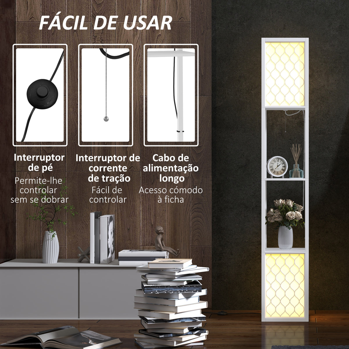 Candeeiro de Pé de Madeira Candeeiro de Pé com Estantes Lâmpada E27 Máx. 40W com Interruptor para Sala de Estar Dormitório Escritório 26x26x156 cm Branco — foto 6