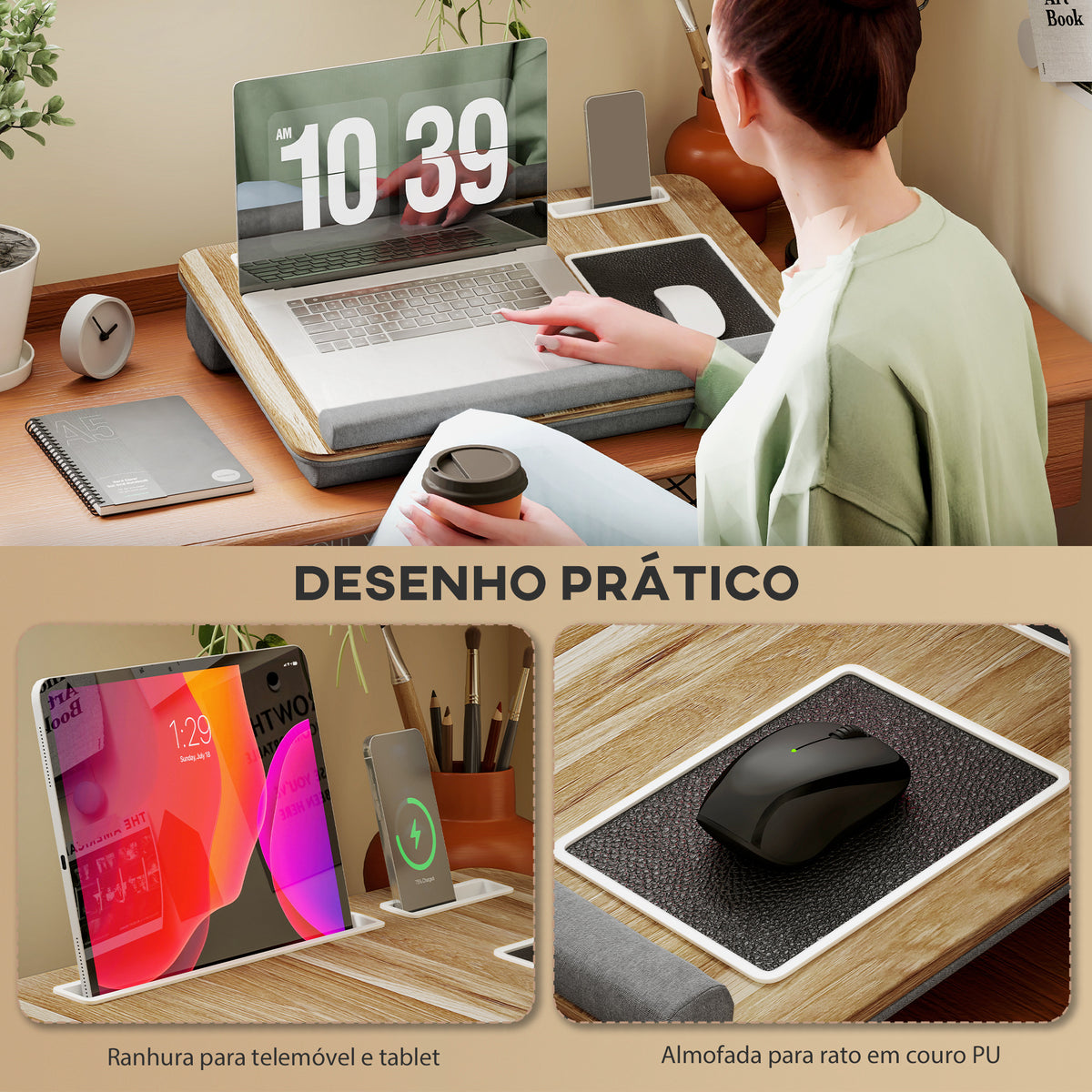 Suporte para Portátil com Amofada Suporte para Portátil com Ranhura para Tablet Almofada para Mouse Apoio para os Punhos Mesa para Portátil para Casa Escritório 55,5x37x9 cm Carvalho — foto 4